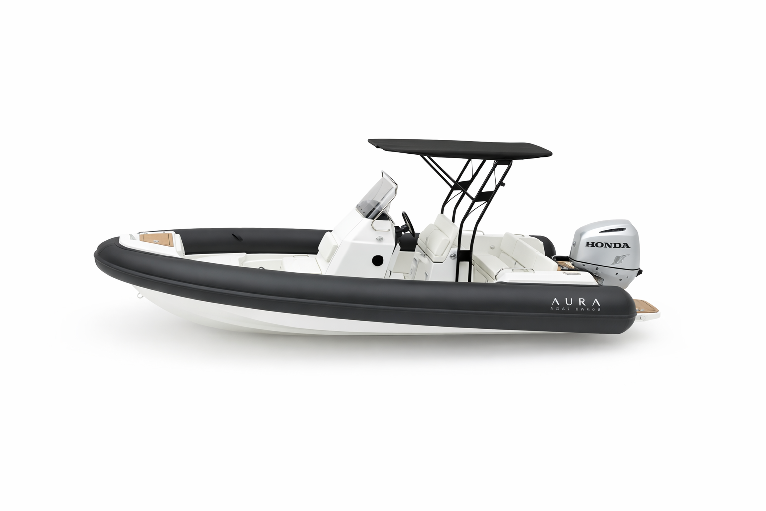 A black and white Aura inflatable boat with a Honda outboard motor, equipped with a black canopy, white seating, and a steering console.