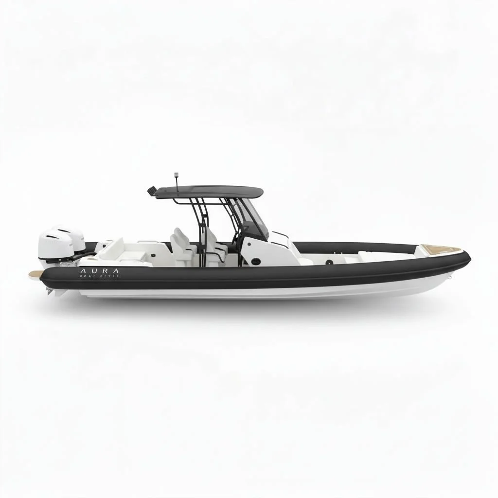 A modern boat with a black and white exterior, two outboard motors, and a covered center console, isolated on a white background.