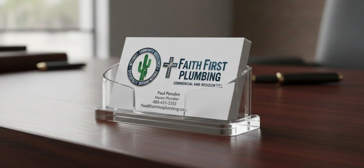 Business card holder on a wooden desk with a Faith First Plumbing card inside.