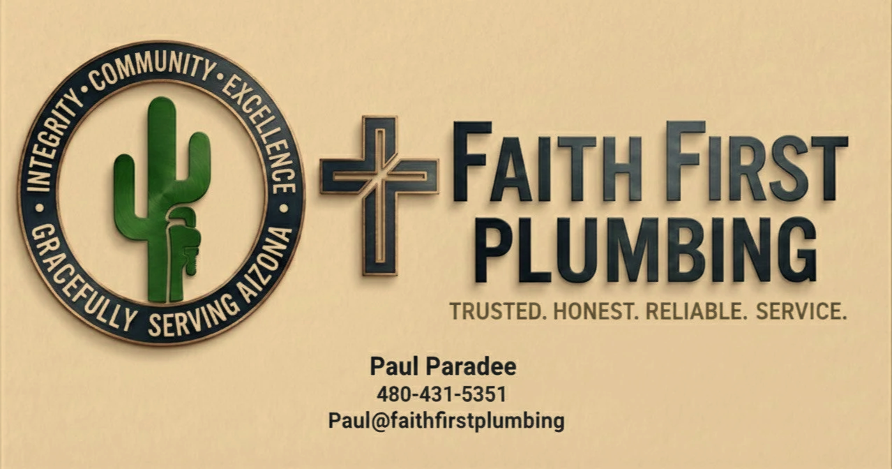 Business card for Faith First Plumbing with a logo featuring a green cactus and a cross, and contact information for Paul Paradee.