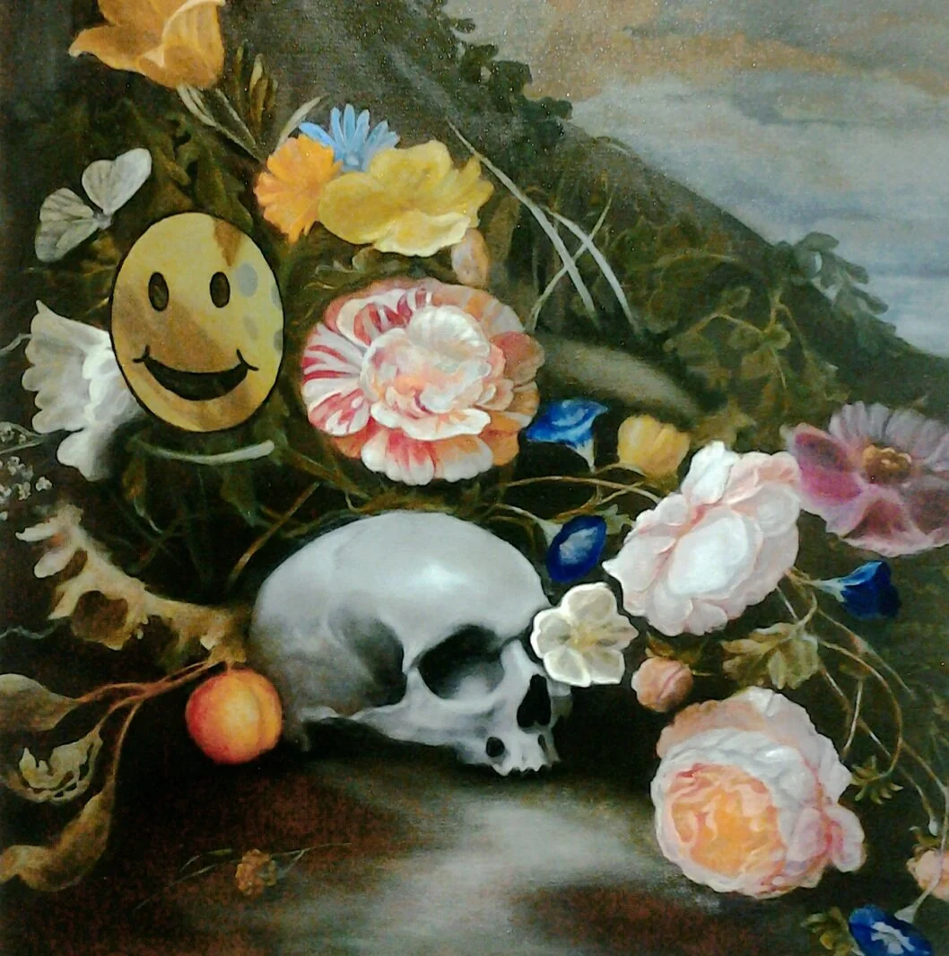 A still life painting featuring a human skull surrounded by colorful flowers, a yellow smiley face, and a small apple.