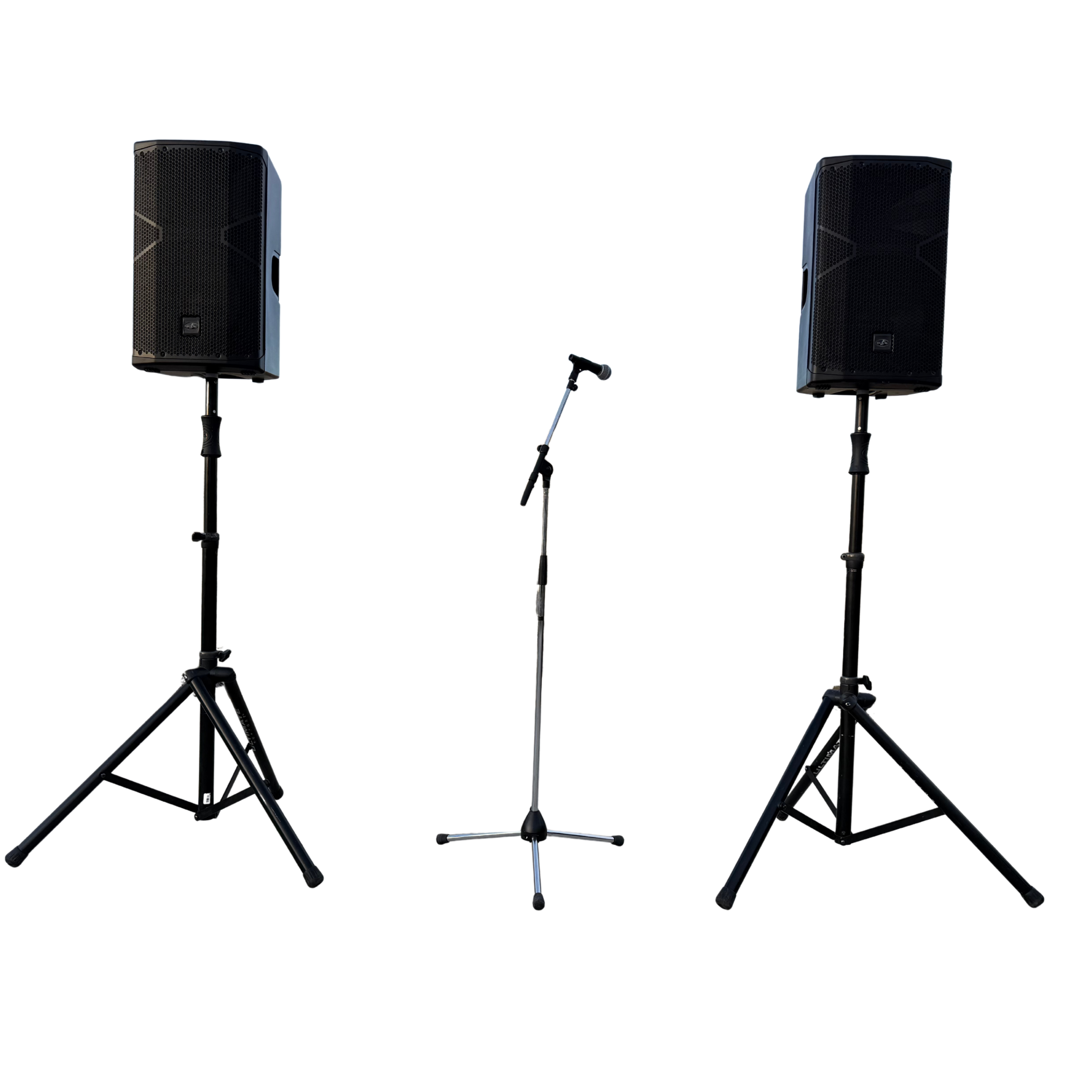 Two black speakers mounted on adjustable stands and a silver microphone on a stand set against a white background.