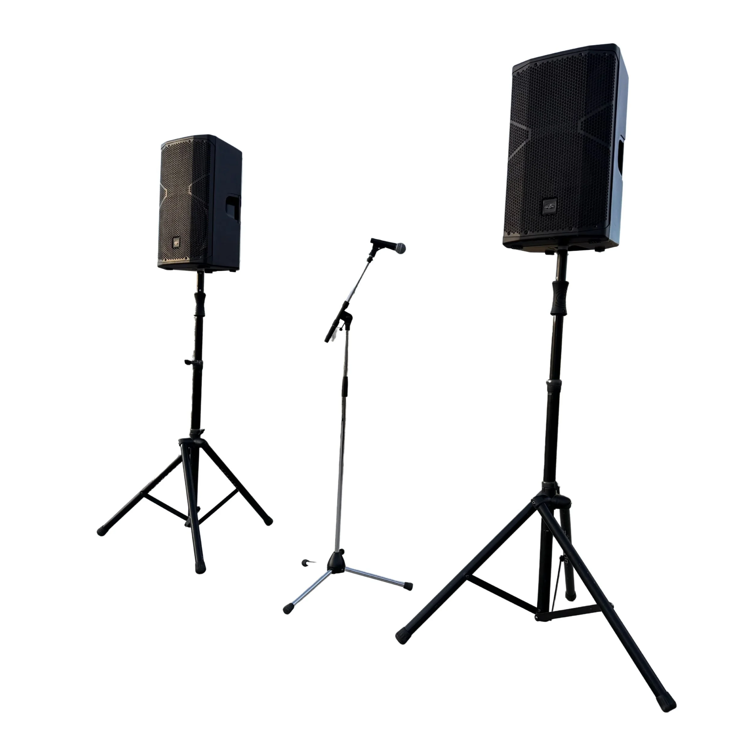 Two black portable speakers on tripods and a mic on a stand, set against a plain white background.