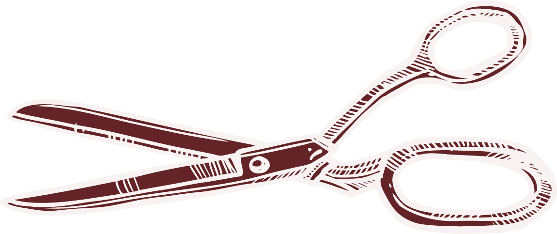 Illustration of open scissors with a brown handle and blades, viewed from above.