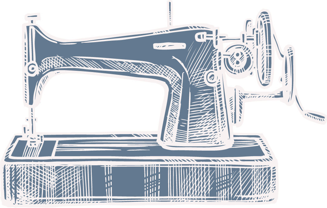 Illustration of a vintage sewing machine in blue and white.