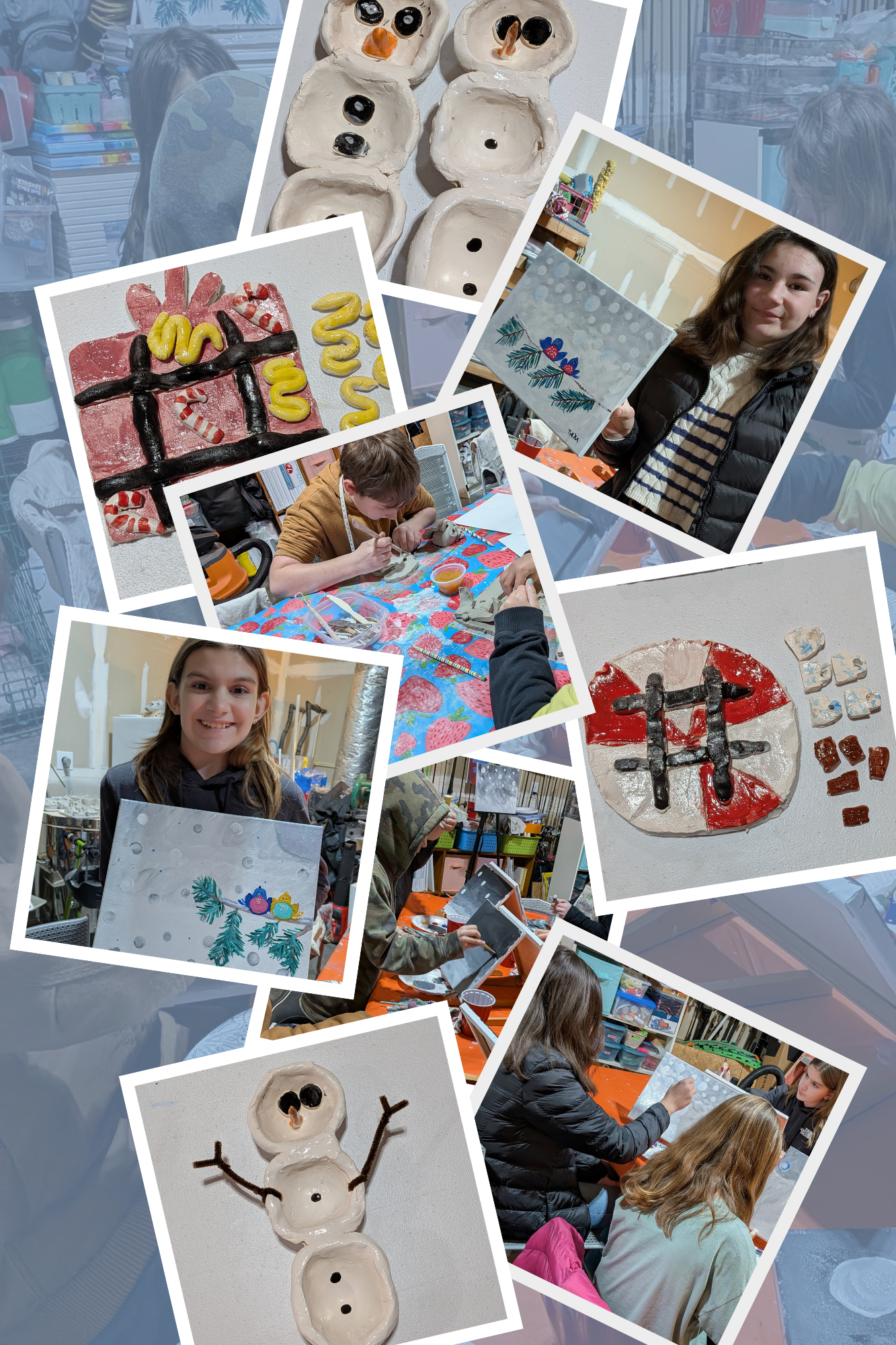 A collage of children creating and displaying holiday-themed art projects, including painted snowmen, gingerbread house decorations, and snowflake designs, at an indoor craft workshop.