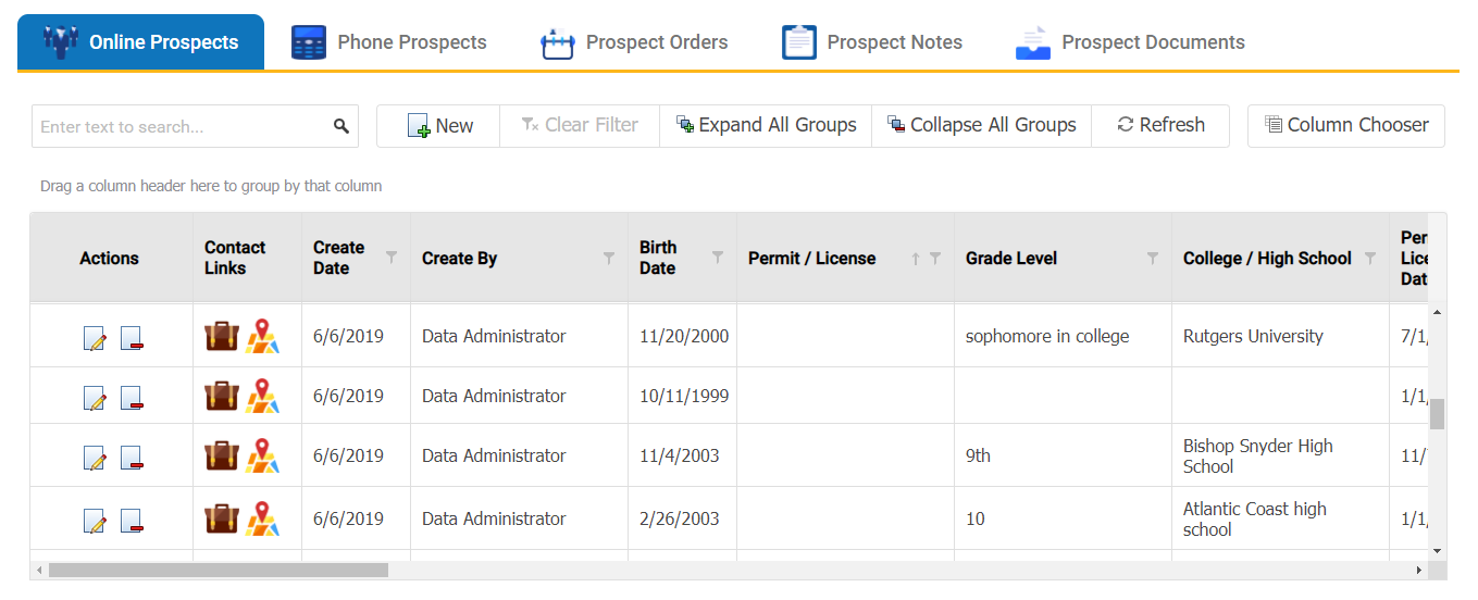 Prospects Data Screen