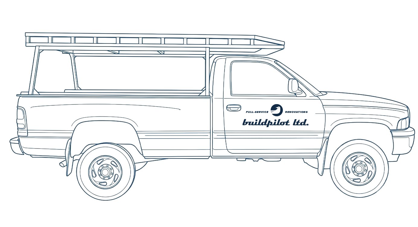 Line drawing of a pickup truck with a ladder on top, featuring various structural details and markings.
