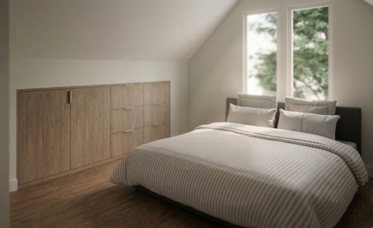 A bedroom with a bed having white and beige striped bedding, four pillows, a custom millwork built-in cabinet along the wall, and three large windows showing green trees outside.