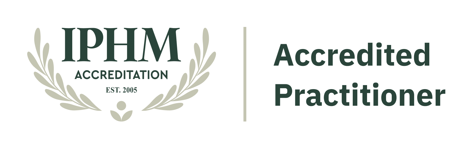 Logo for IPHM accreditation with laurel wreath and text stating 'Accredited Practitioner'