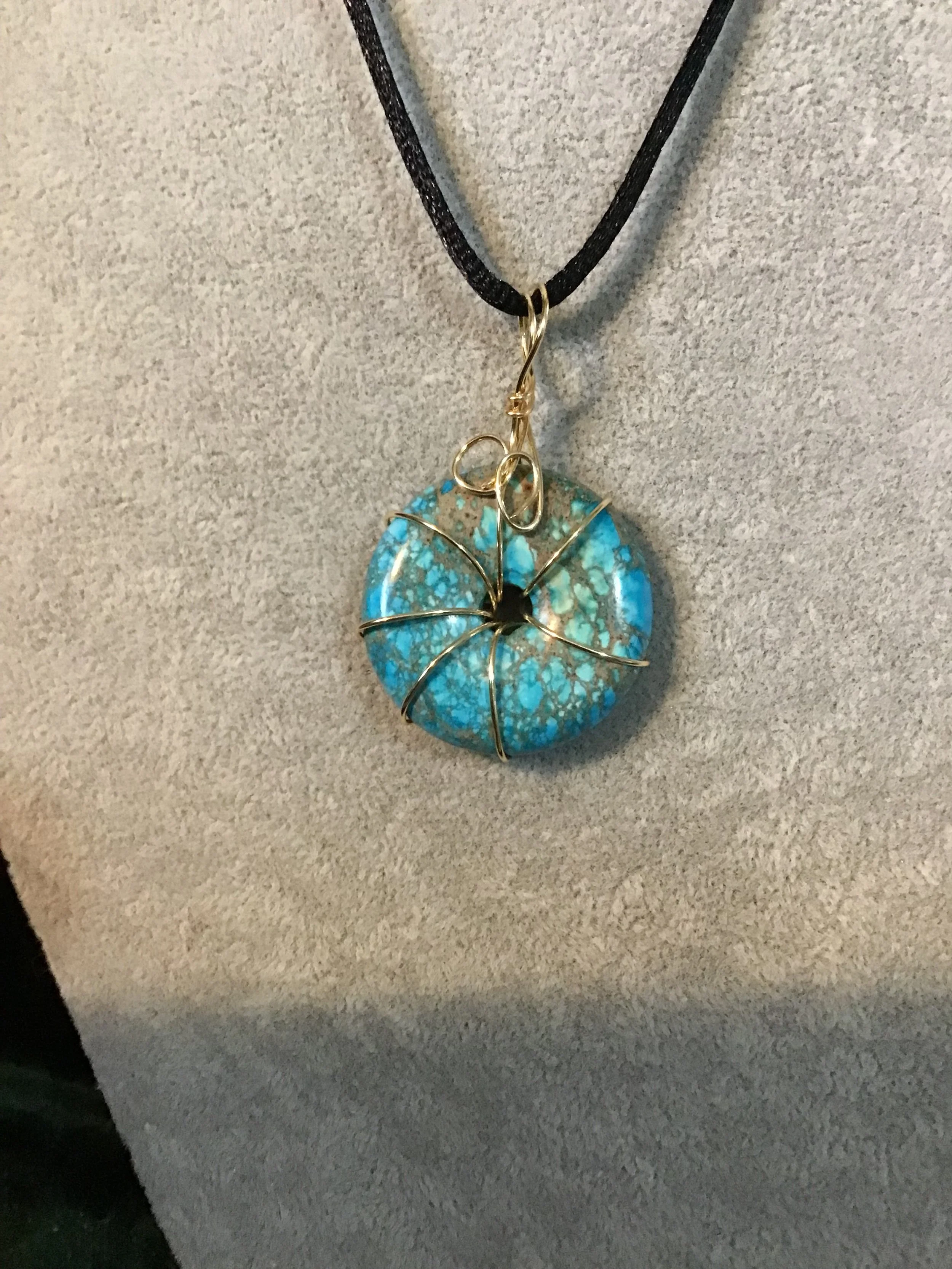 Wire wrapped Sea Sediment Jasper gemstone donut on18 black satin adjustable cord