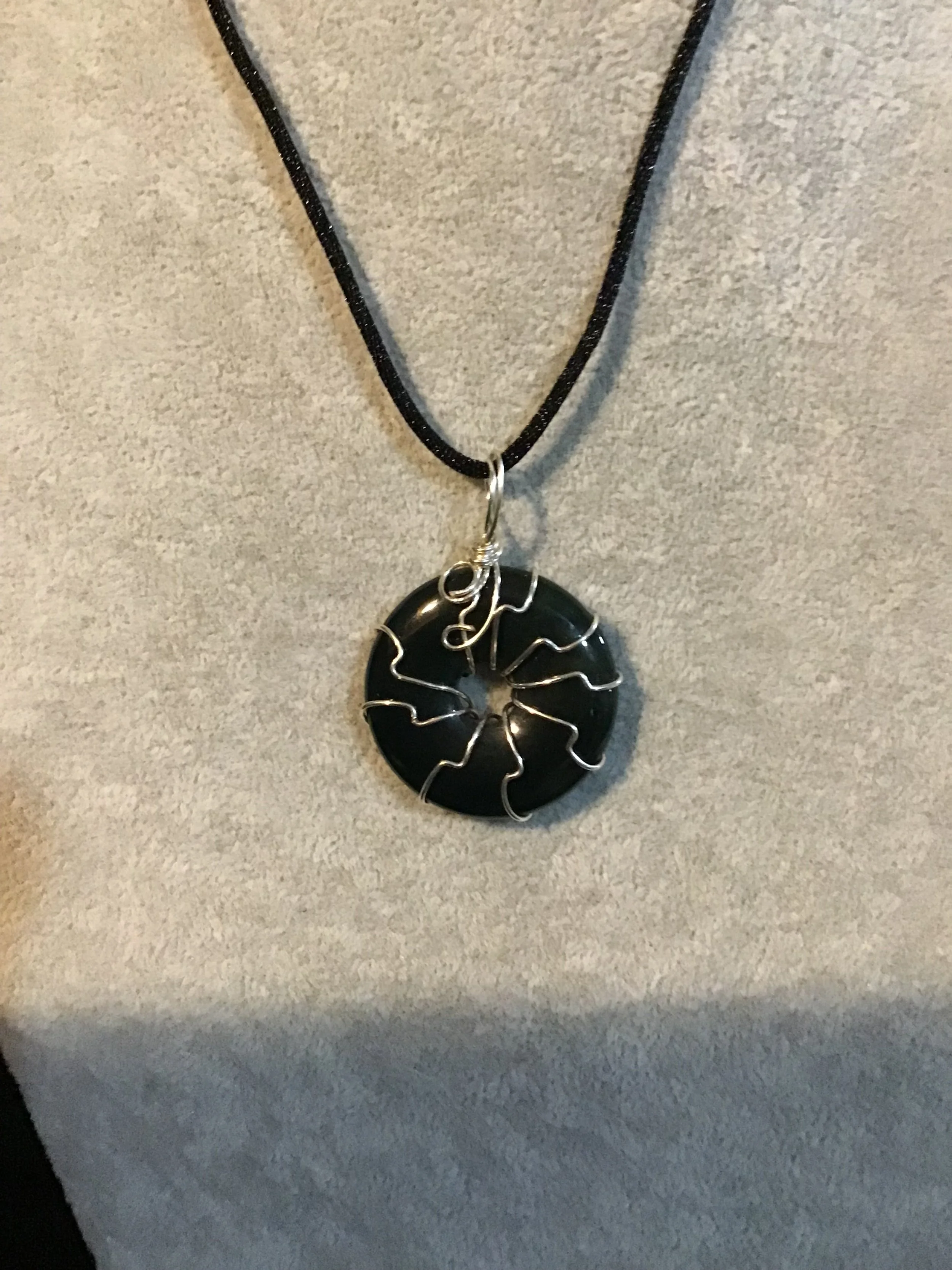 Wire wrapped Green Moss Agate gemstone donut on18 black satin adjustable cord