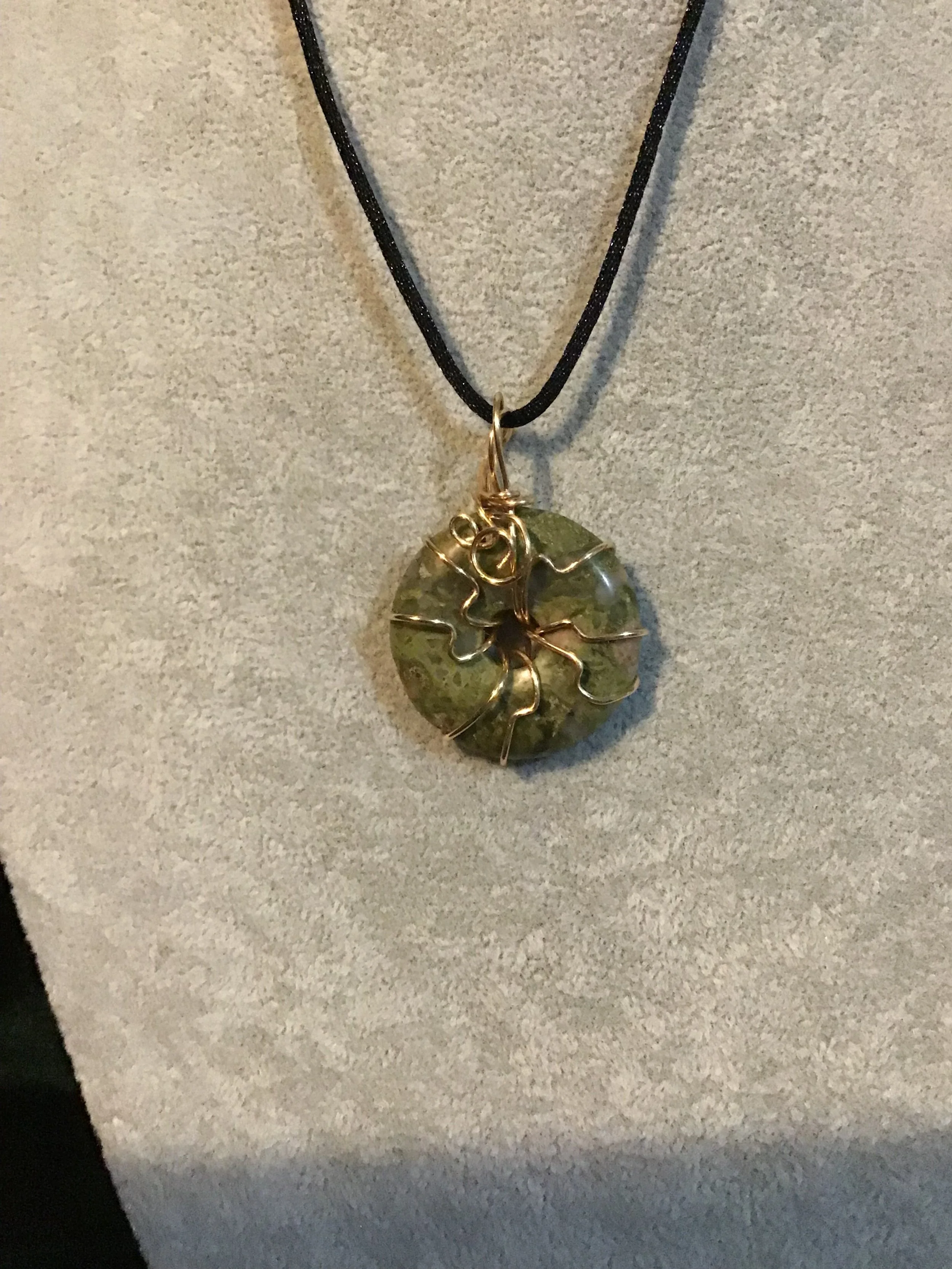 Wire wrapped Jasper gemstone donut on18 black satin adjustable cord