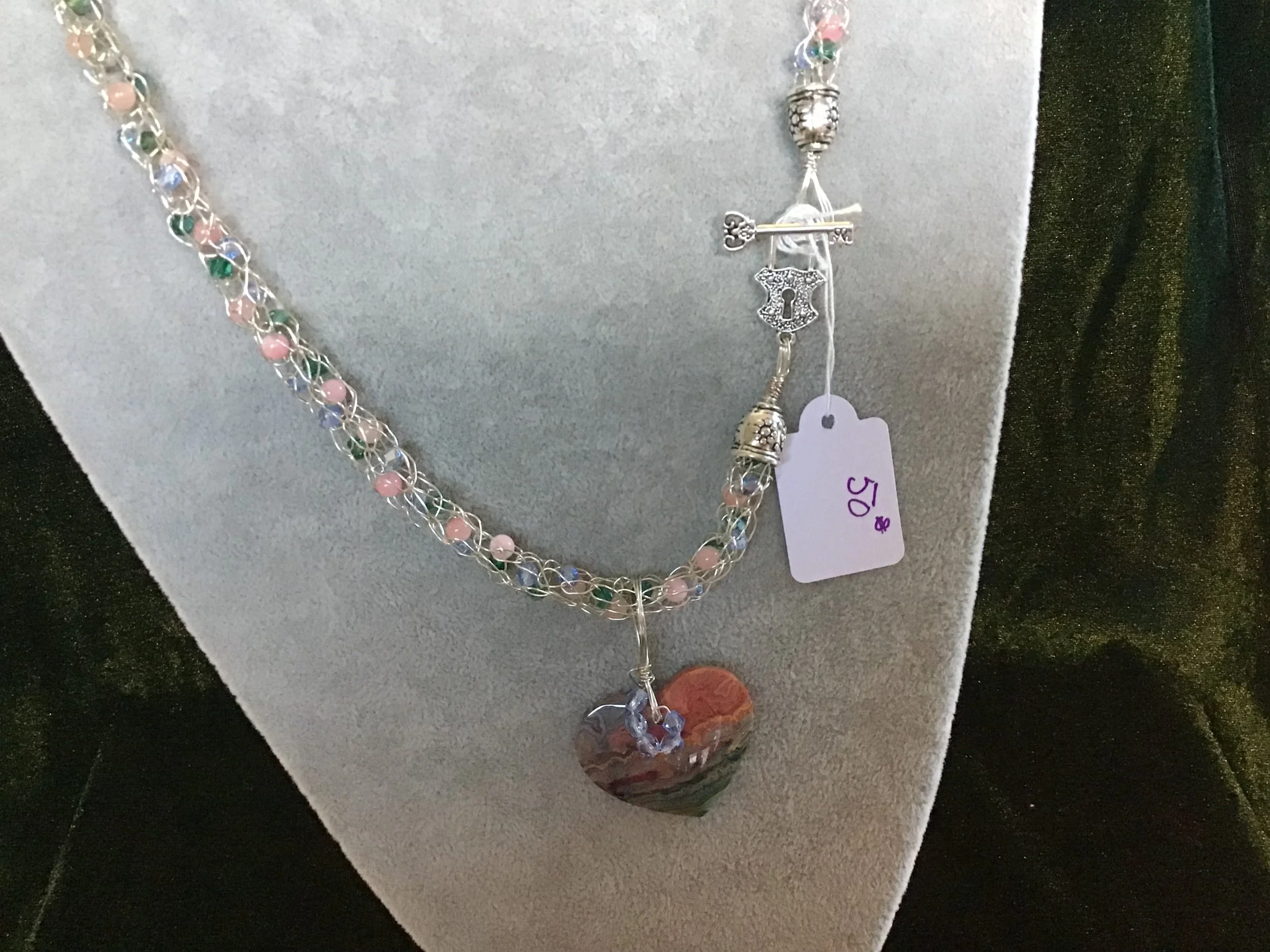 handmade necklace chain with Lace Agate heart gemstone pendant