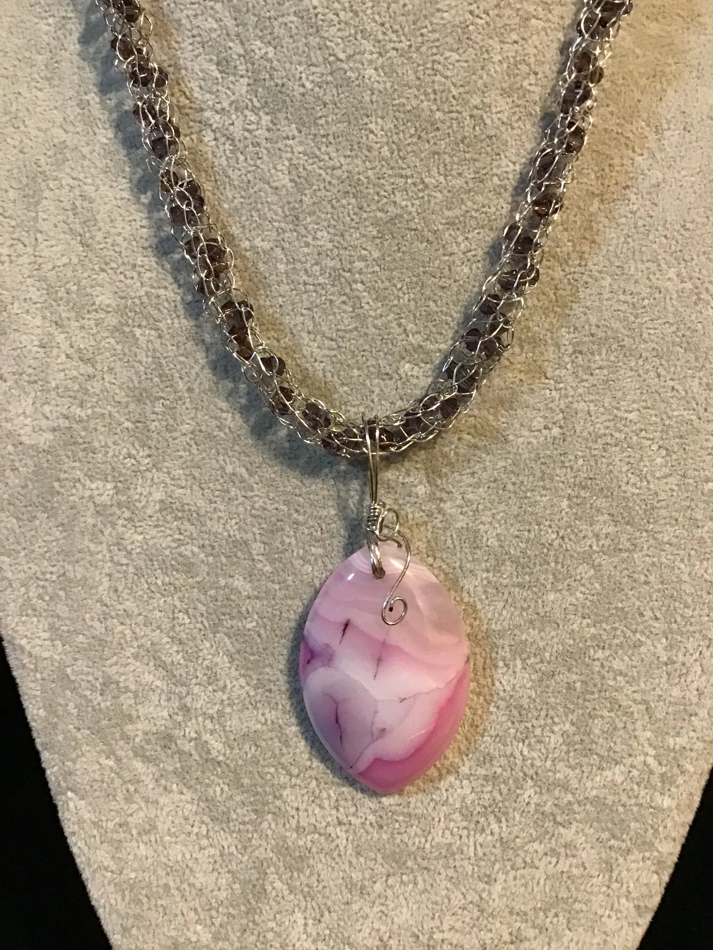 handmade necklace chain with Pink striped Agate gemstone pendant