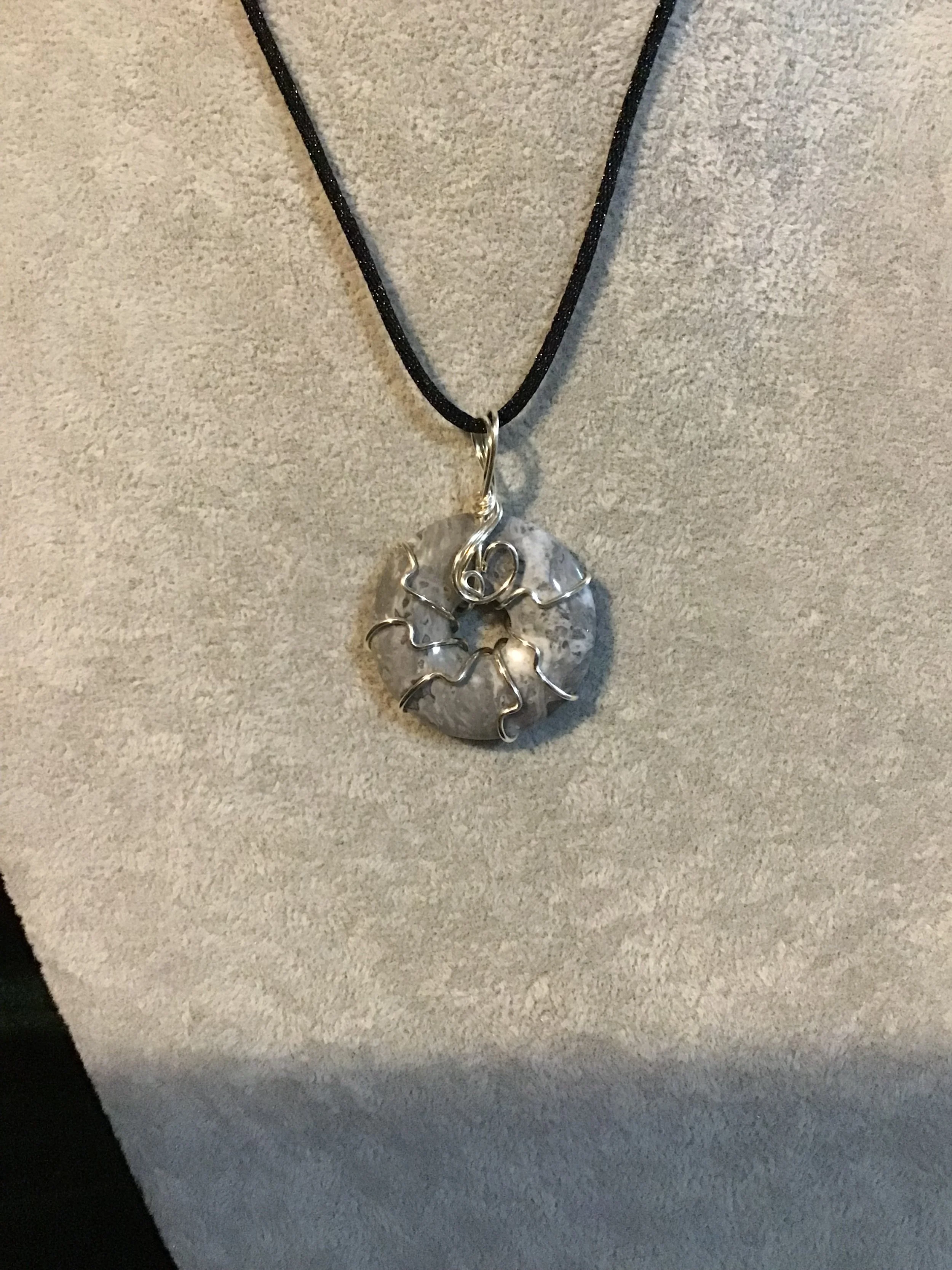 Wire wrapped Moss Agate gemstone donut on18 black satin adjustable cord