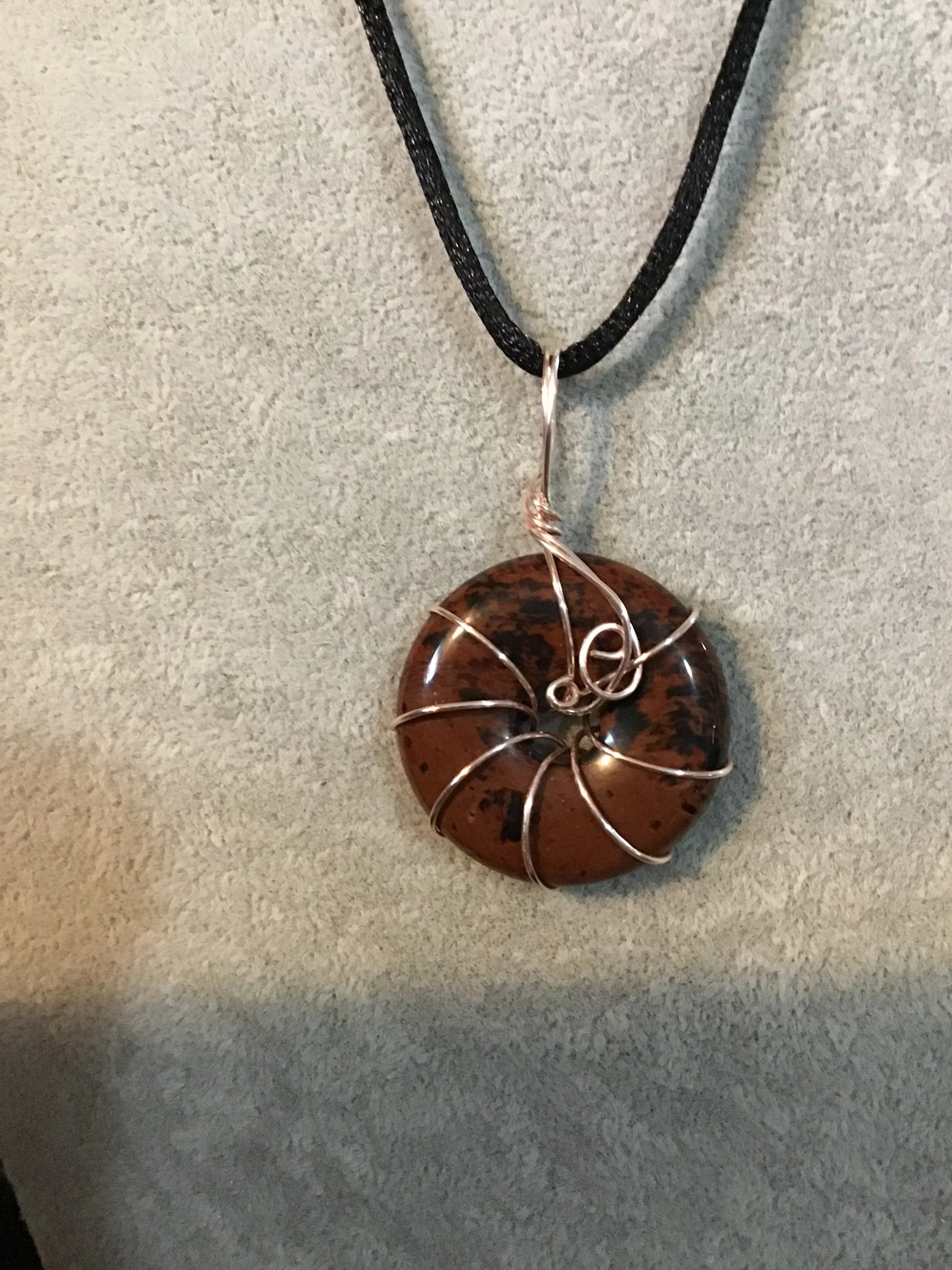 Wire wrapped Jasper gemstone donut on18 black satin adjustable cord