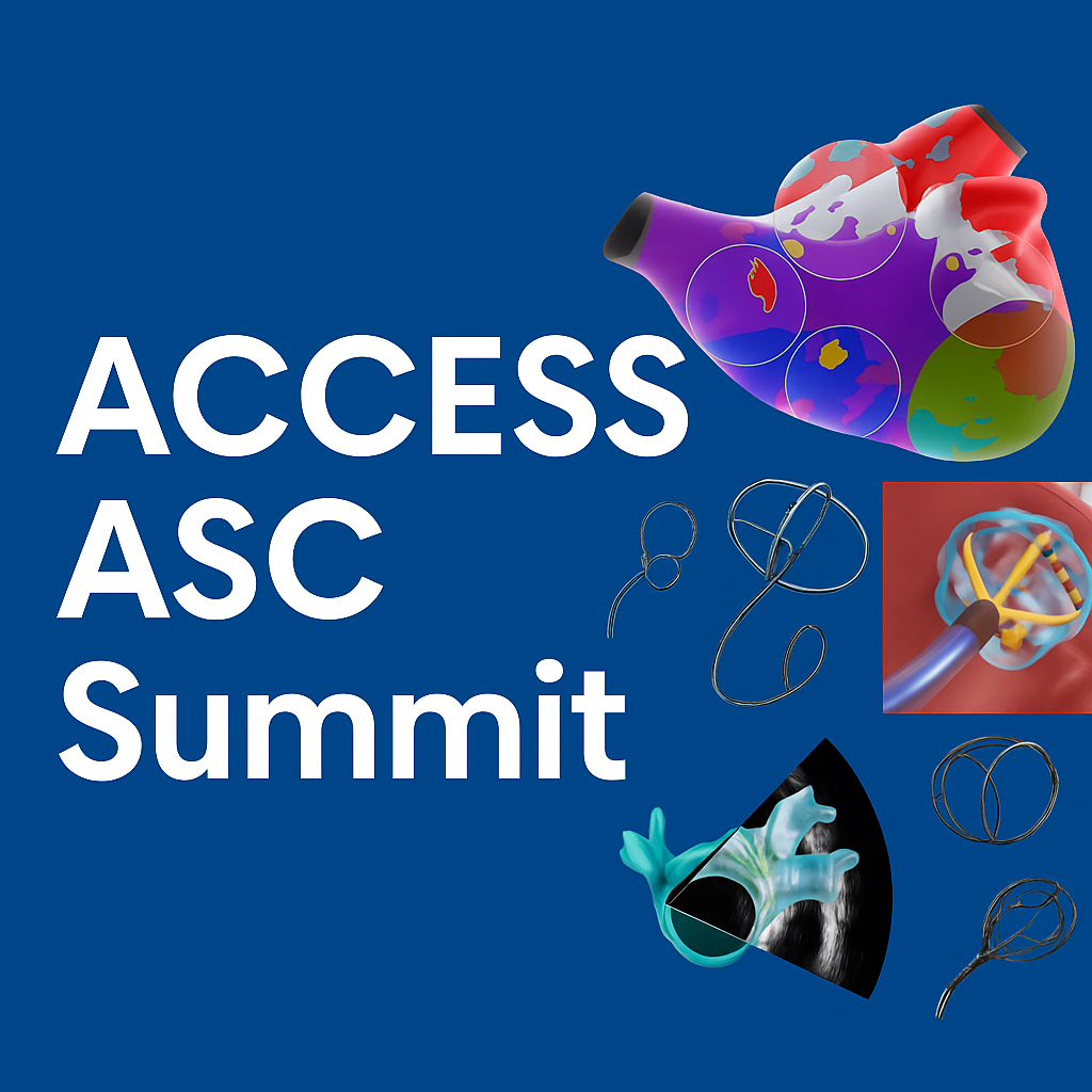 Image promoting the ACCESS ASC Summit featuring colorful 3D models of a heart and DNA strands, with stethoscopes and medical equipment.