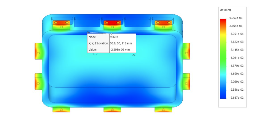 Color-coded 3D finite element analysis of an electronic component with nodes and voltage values, showing stress distribution.