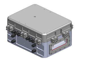 A grey rectangular electronic device with multiple ports, connectors, and a transparent window on one side.