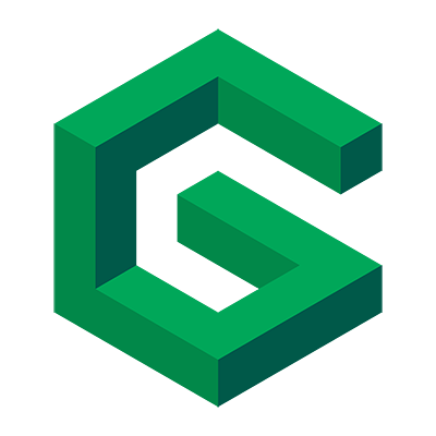 Green geometric 3D isometric logo resembling a cube with an open center.