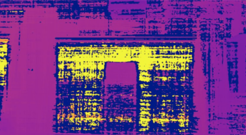 A colorful, pixelated digital image of a window with a purple and yellow color scheme.