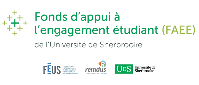 Logo and text for student support fund at the University of Sherbrooke in French, with logos of FÉUS, Remdas, and UDS.