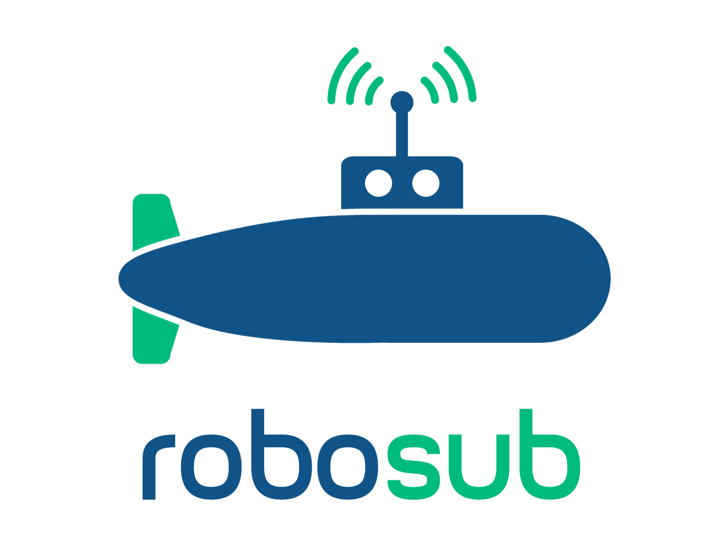 A stylized illustration of a blue submarine with a periscope emitting wireless signals, and the word "robosub" written below in blue and green letters.