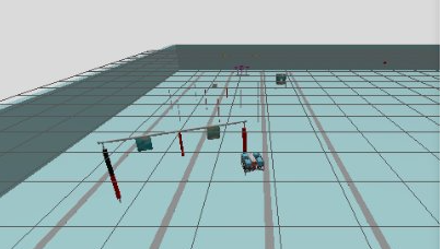 A computer-generated grid with obstacles and small drone-like objects arranged on it.