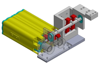 A detailed technical diagram of a mechanical or electronic assembly with colored components, including a yellow rectangular part, red and gray cylindrical parts, and a white base with interconnected elements.