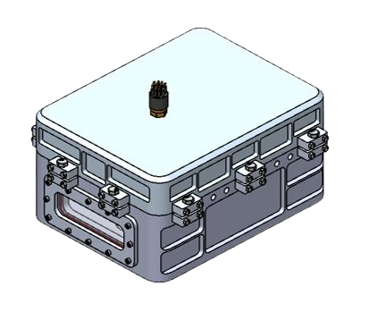 An electronic control unit with multiple connectors and a small black component on top.