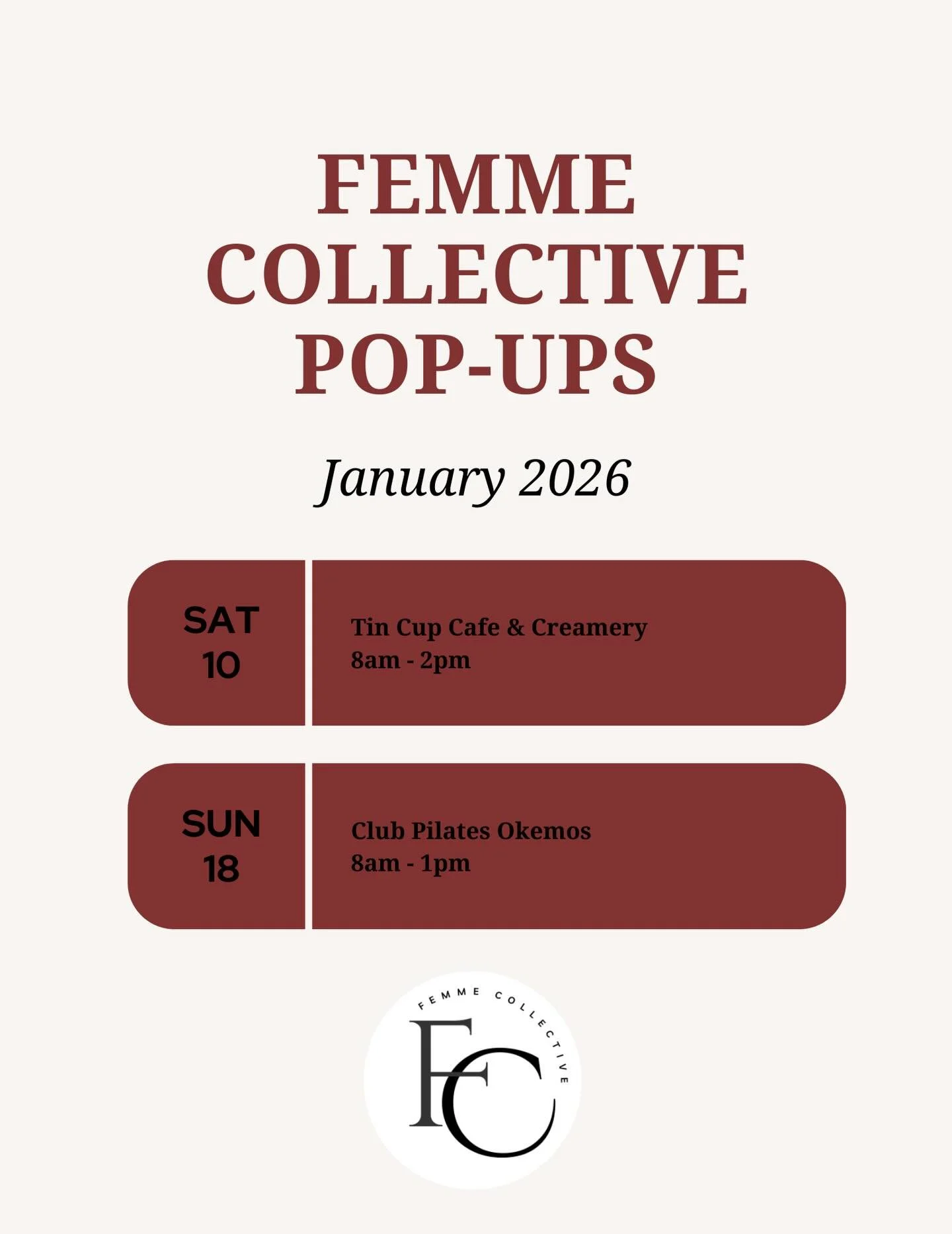 New year, new pop-ups ✨
We&rsquo;re so excited to partner with Tin Cup Caf&eacute; &amp; Creamery and Club Pilates Okemos this January!

Come shop Femme Collective favorites while enjoying fresh coffee or after your Pilates class 💕

🗓 1/10 &amp; 1/
