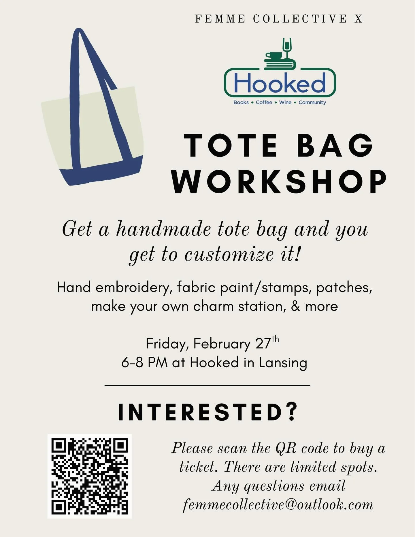 ✨ We&rsquo;re so excited to announce our FIRST event! ✨
Join us for our Tote Bag Customization Workshop on Friday, February 27th from 6&ndash;8 PM at Hooked in Lansing 🧵👜

Each tote bag is made to order using thick canvas with a cotton lining. You&