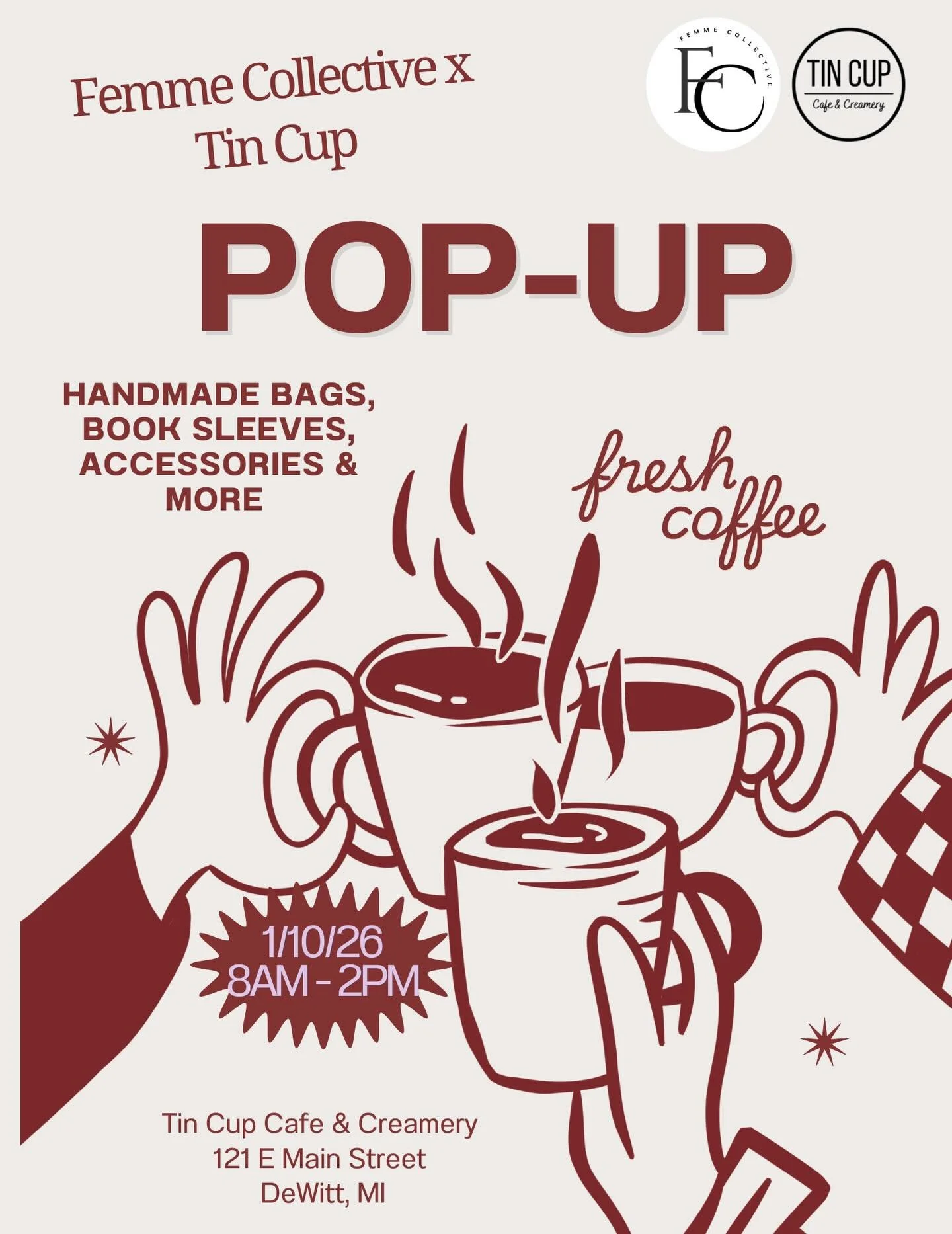 ☕️✨ Pop-up day at Tin Cup!
Join me for Femme Collective x Tin Cup featuring handmade bags, book sleeves, accessories &amp; more! Plus the best  coffee.

🗓 1/10/26 | 8AM&ndash;2PM
📍 Tin Cup Cafe &amp; Creamery | DeWitt, MI

👀 Keep your eye out for 