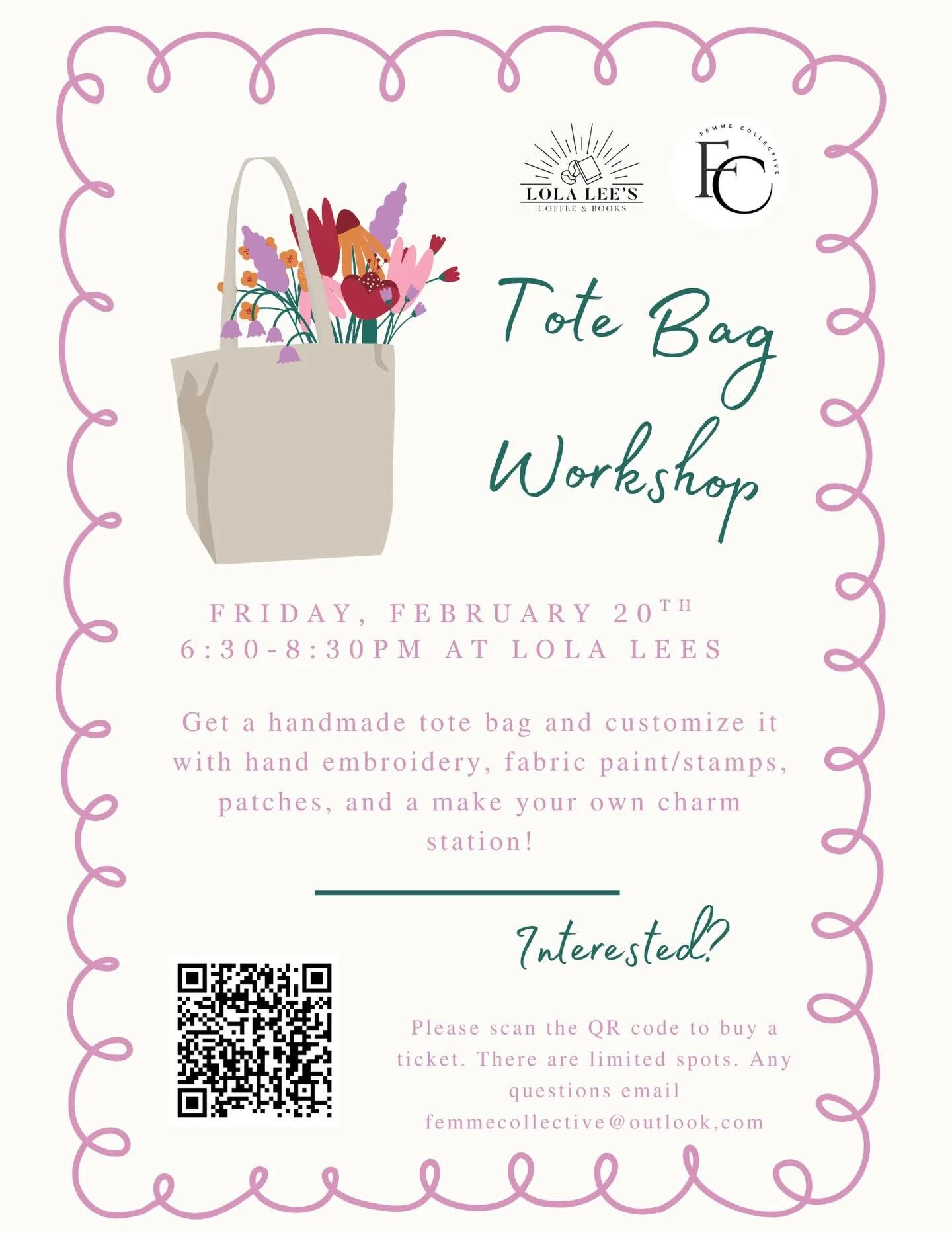 ✨ Tote Bag Workshop at Lola Lee&rsquo;s ✨

We&rsquo;re so excited to announce our Tote Bag Workshop in collaboration with Lola Lee&rsquo;s Coffee &amp; Books 🤍

🗓 Friday, February 20th
⏰ 6:30&ndash;8:30 PM
📍 Lola Lee&rsquo;s Coffee &amp; Books

Ea