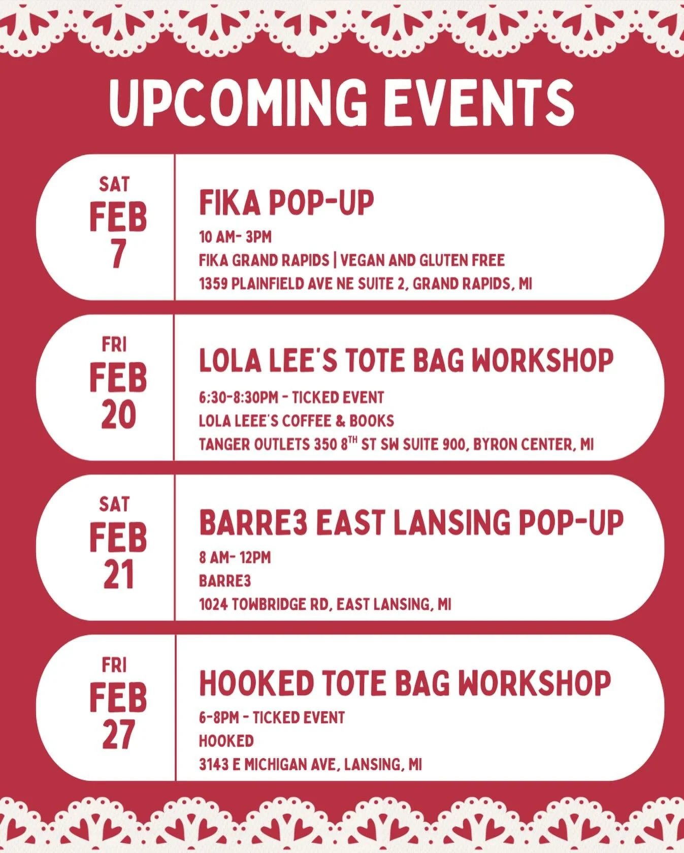 ✨ February Events Are Here! ✨
We&rsquo;re popping up, hosting, and crafting our way through the month and we&rsquo;d love to see you 🫶

🗓 FEB LINEUP
☕ Feb 7 &mdash; FIKA Pop-Up (Grand Rapids)
👜 Feb 20 &mdash; Lola Lee&rsquo;s Tote Bag Workshop (ti