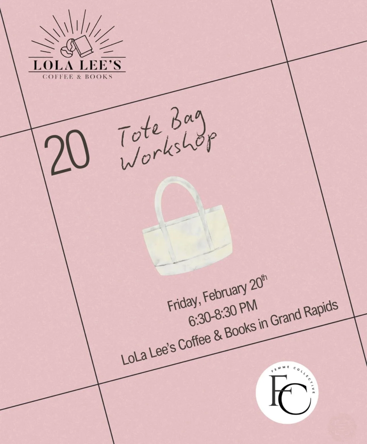 Calling all creatives! 🎨 Only 6 spots left for our Grand Rapids Tote Bag Workshop!
Customize your own bag &amp; sip on a drink from Lola Lee&rsquo;s ☕👜
Don&rsquo;t wait&mdash;tickets are almost sold out! 🎟