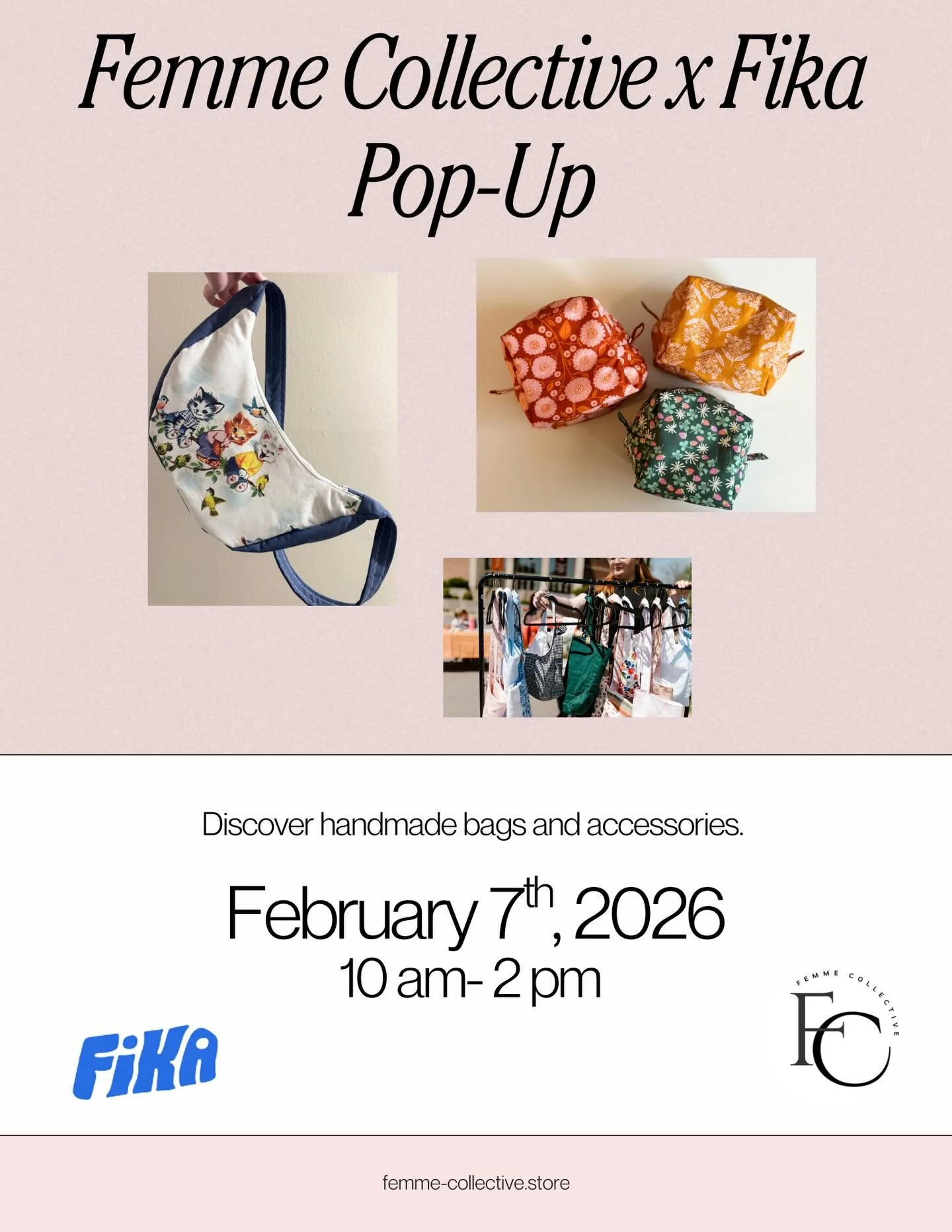 We&rsquo;re popping up with our friends at Fika 🤍
Femme Collective x Fika is happening Feb 7th from 10&ndash;2!
Expect thoughtfully handmade bags + accessories and all the yummy food!

See you there ✨