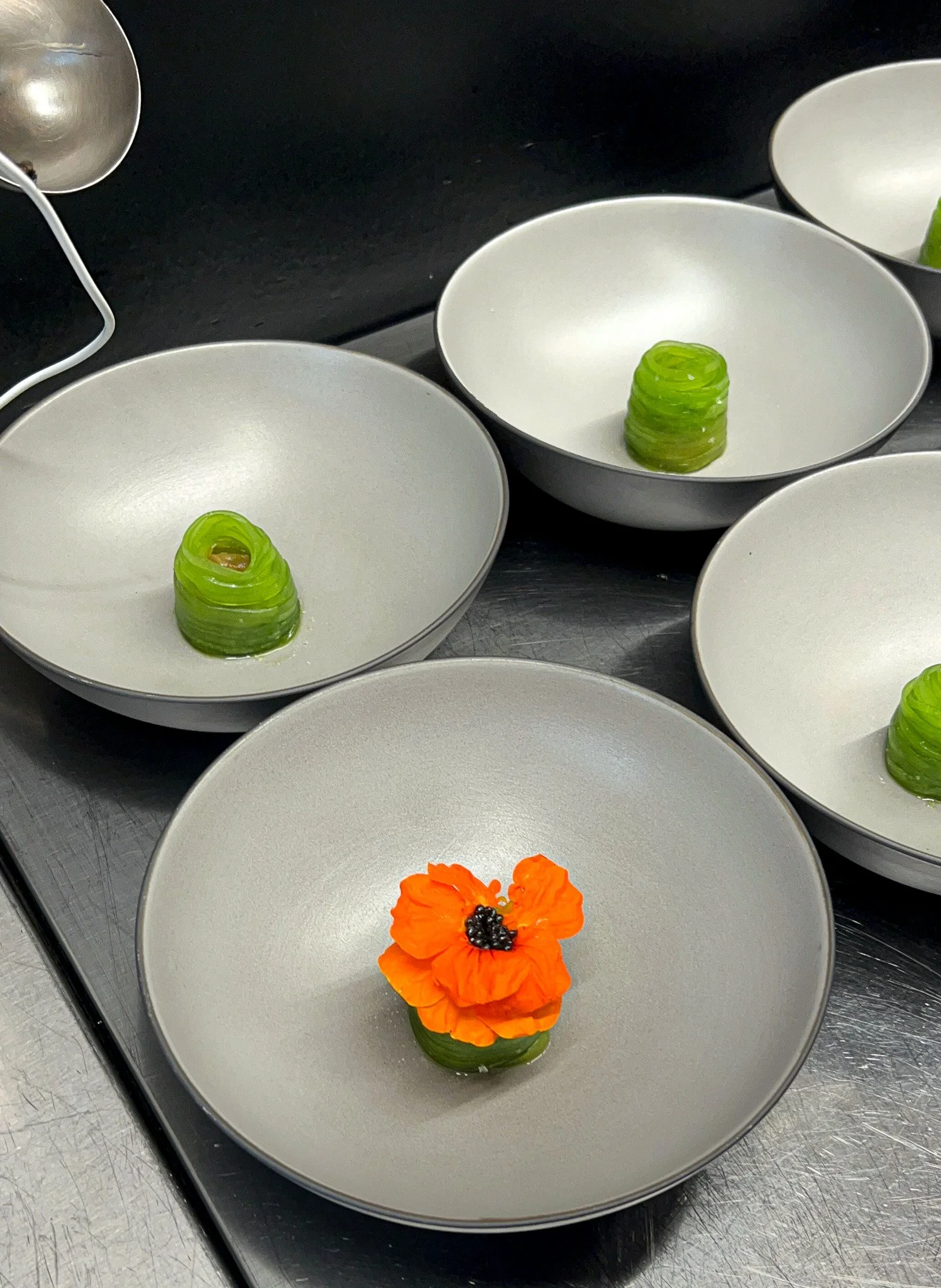 Bunte Teller mit kunstvoll drapierten grünen und orangefarbenen Blüten auf weißen Schalen in einer Küchenumgebung.