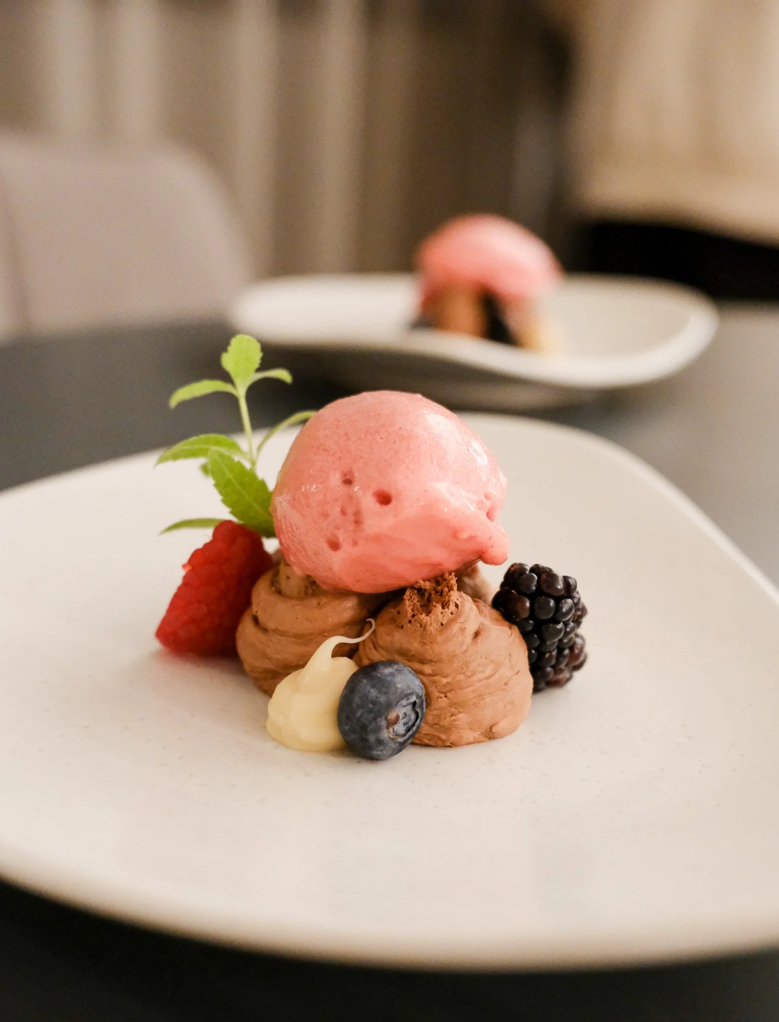 Dessert mit Himbeereis, Schokoladenschaum, Beeren und Minzblättern auf weißem Teller