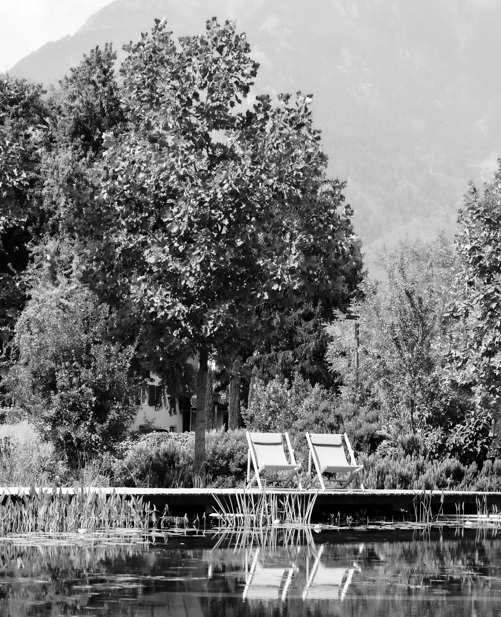 Zwei Liegestühle am Seeufer, umgeben von Bäumen und Bergen, in schwarz-weißer Aufnahme.