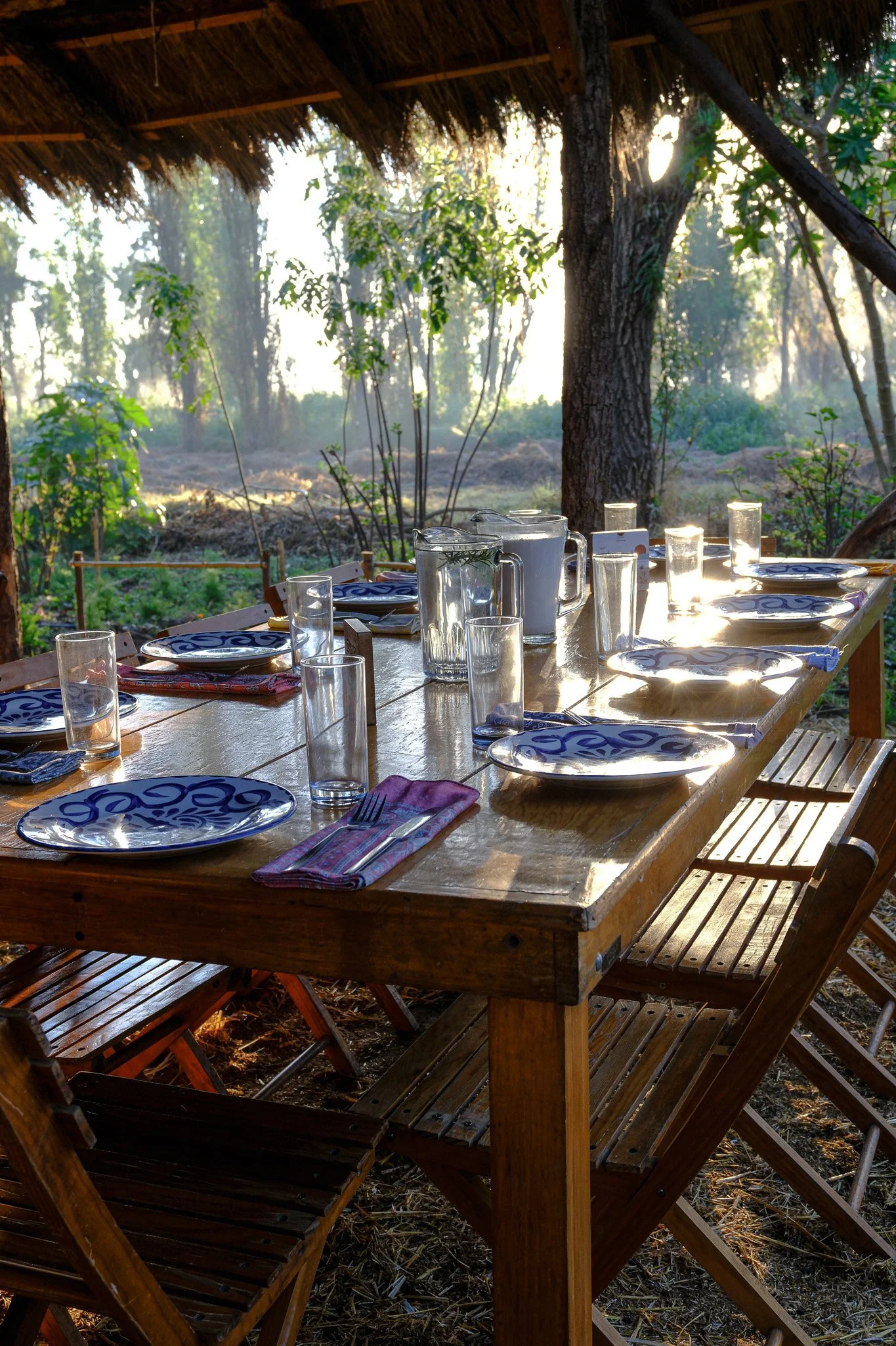 Ein gedeckter Holztisch im Freien mit blau-weißen Tellern, Gläsern, Besteck und Handtüchern, umgeben von Bäumen und unter einem Strohdach, bei Sonnenuntergang.