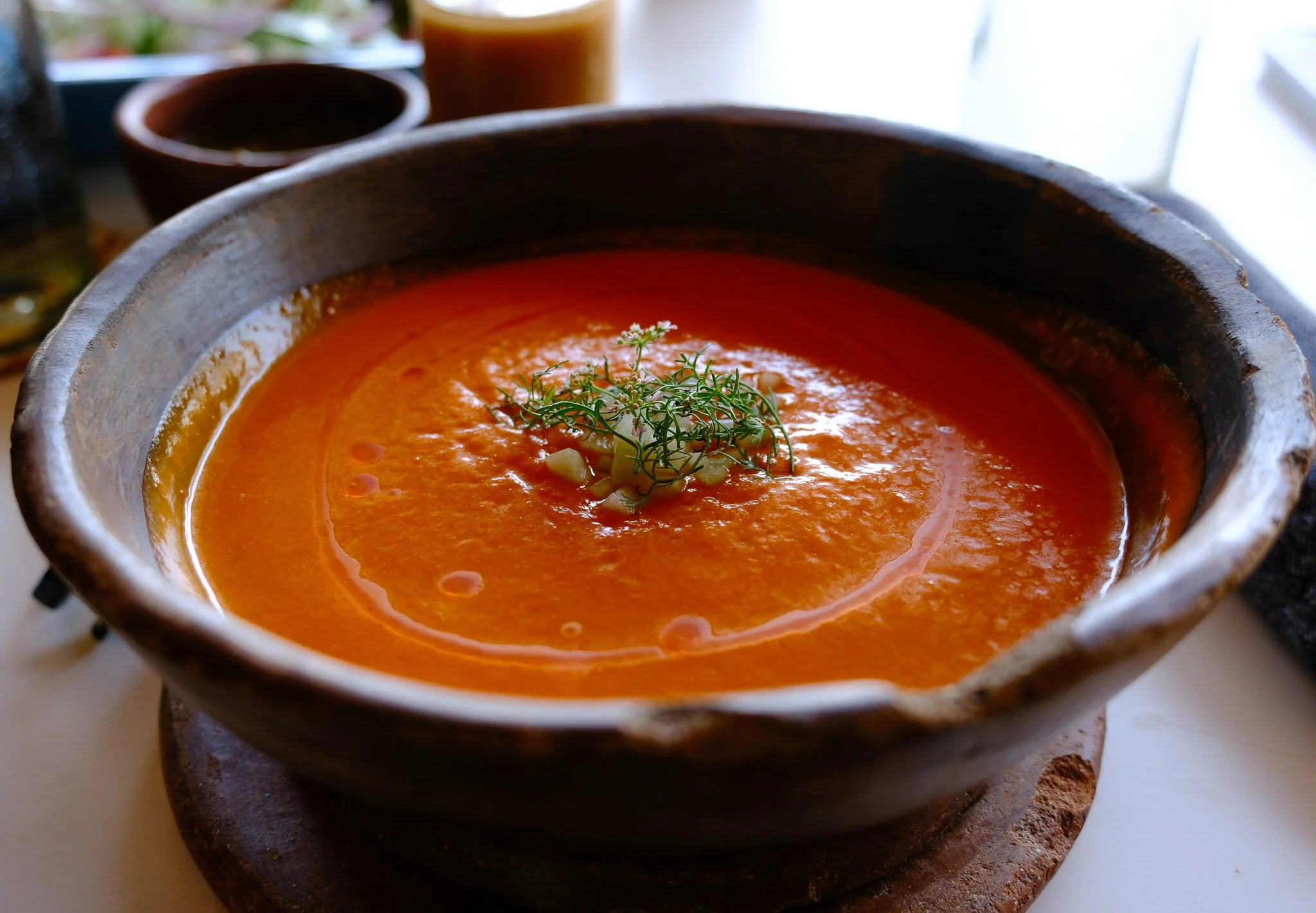 Eine Schüssel mit roten Tomatensuppe, garniert mit kleinen Kräutern und Zwiebelstücken, auf einem Holzbrett.
