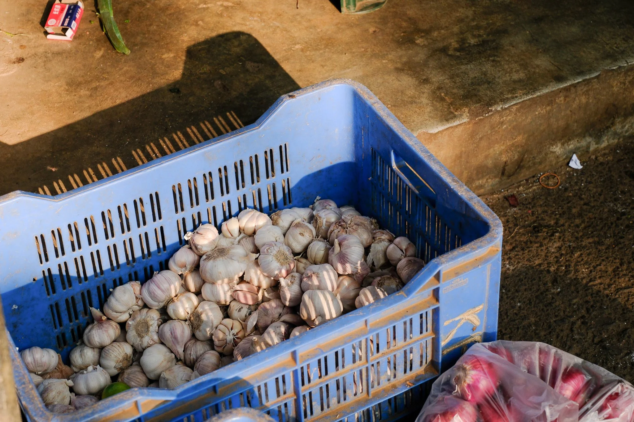 Korb mit Knoblauch und Zwiebeln auf einem Marktstand