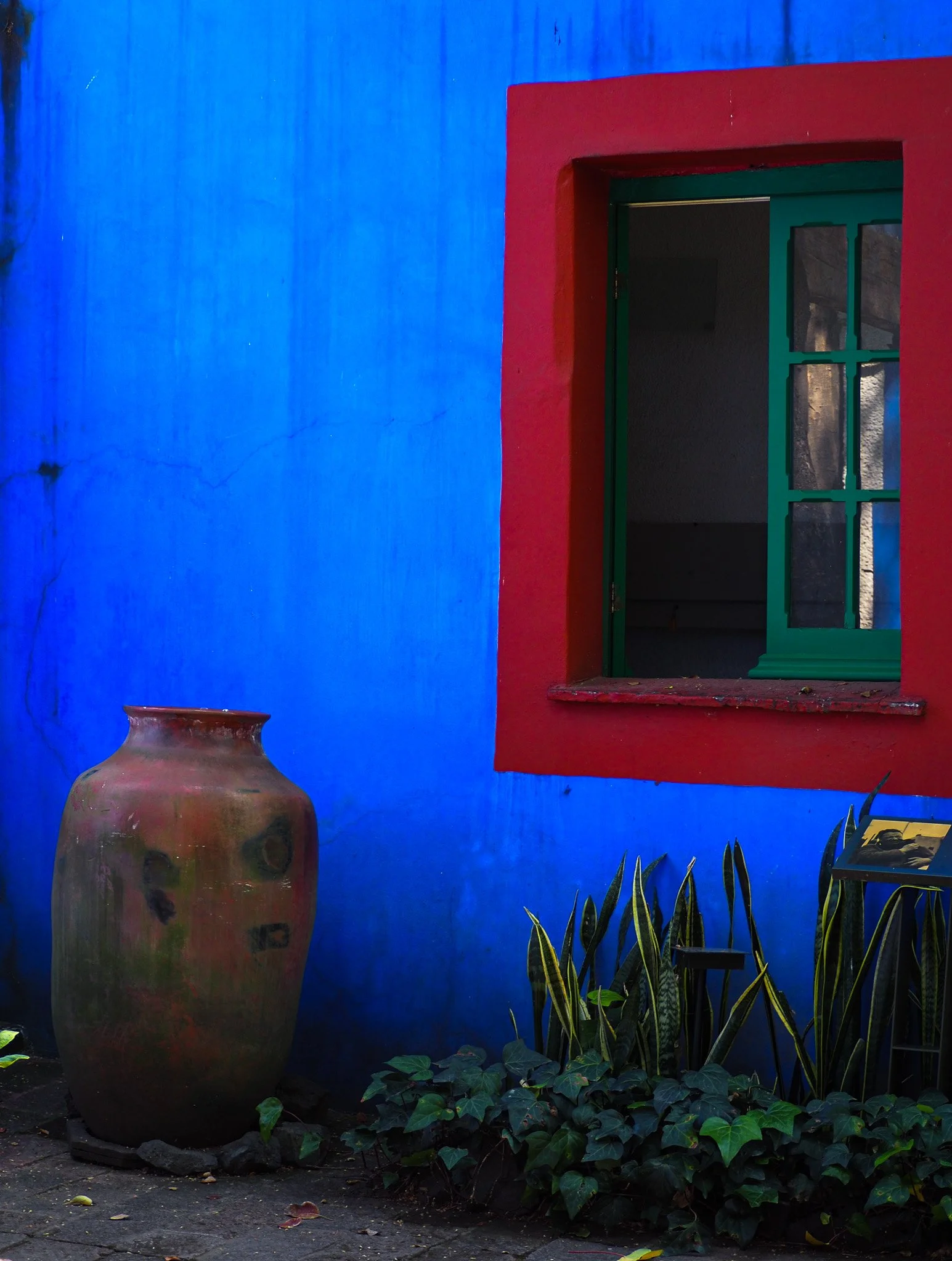 Bunte Hauswand mit blauer Wand, rotem Fensterrahmen und grüner Fensterrahmen, große Tonvase und grüne Pflanzen im Vordergrund.