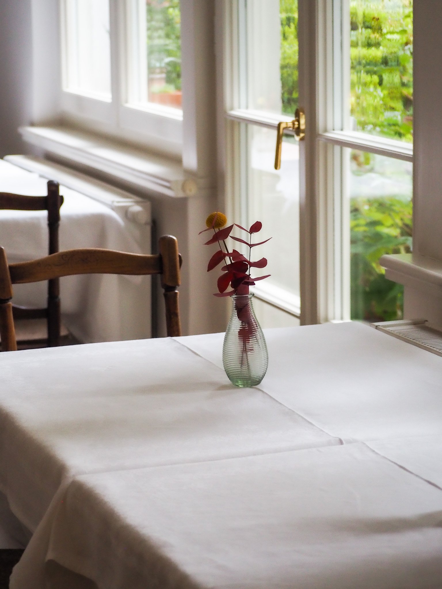 Ein Tisch mit weißer Tischdecke in einem lichtdurchfluteten Raum, in der Mitte eine kleine Vase mit roten Blättern und einer gelben Blüte. Im Hintergrund weiße Fenster, die nach draußen auf grüne Bäume blicken.