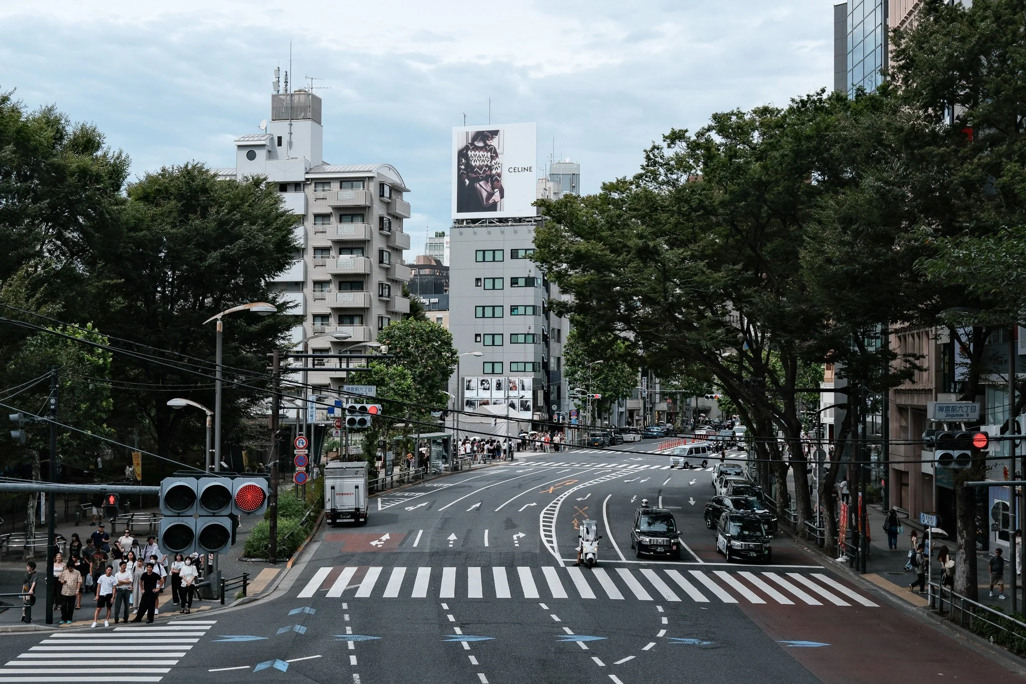 Stadtstraße mit Fußgängern, Autos und Verkehrsampeln, umgeben von Gebäuden und Bäumen, bewölkter Himmel.