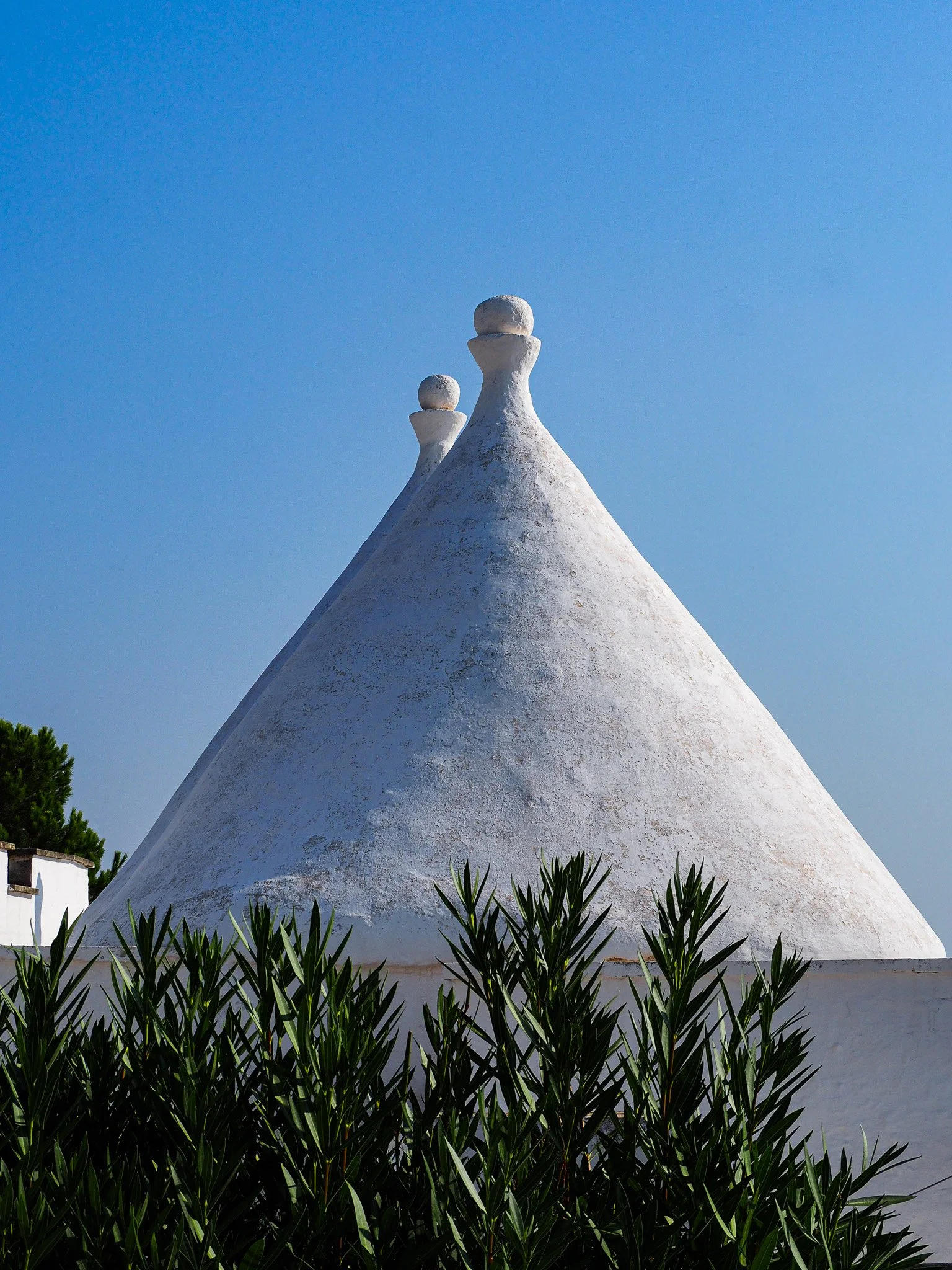 Weiße, pyramidenförmige Dachstrukturen mit Kugelverzierungen oberhalb, umgeben von grünen Pflanzen, vor klarem blauen Himmel.