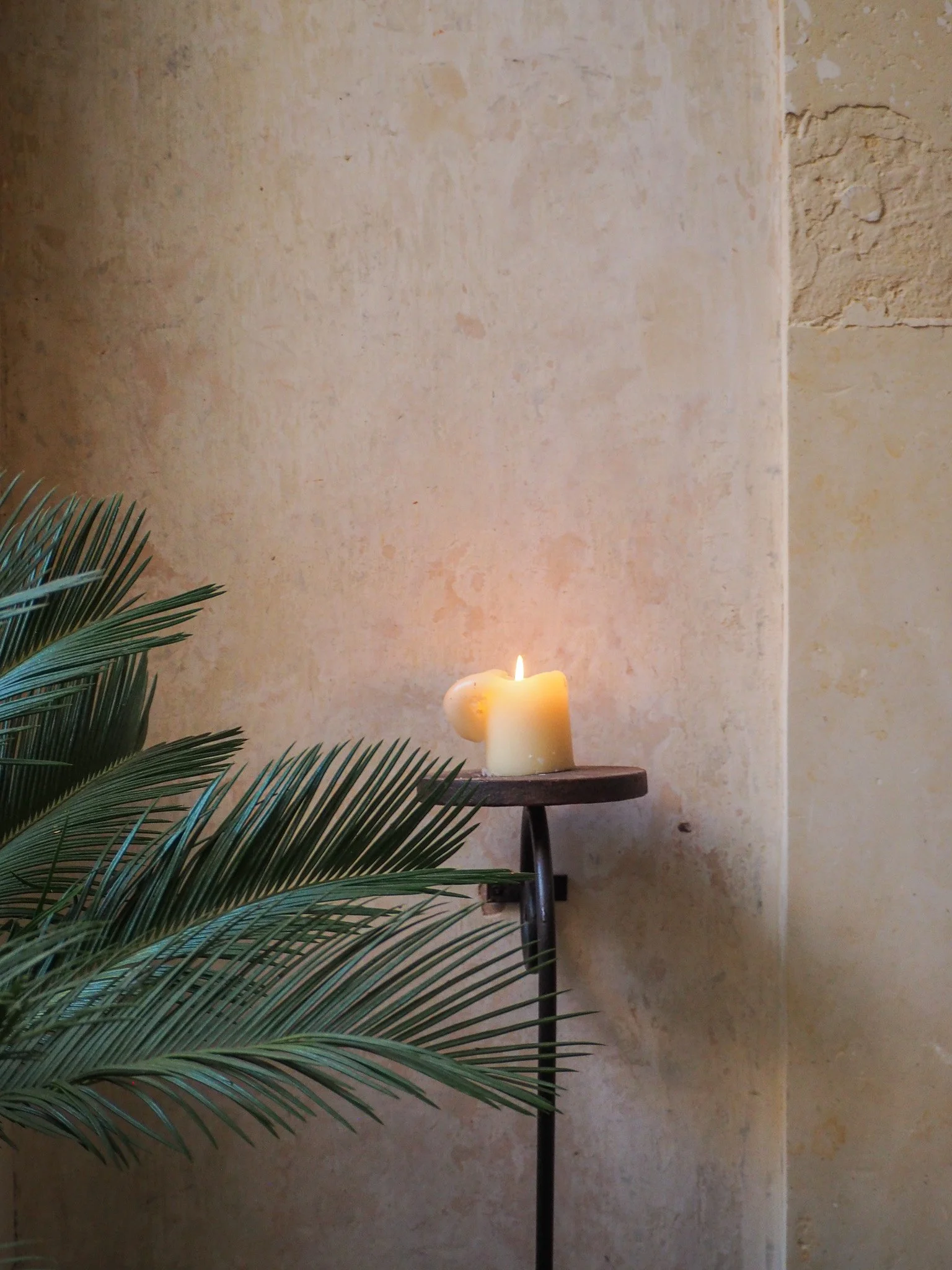Brennende Kerze auf einem dunklen Holzständer vor einer gelblichen Wand, mit einem grünen Palmenblatt im Vordergrund.