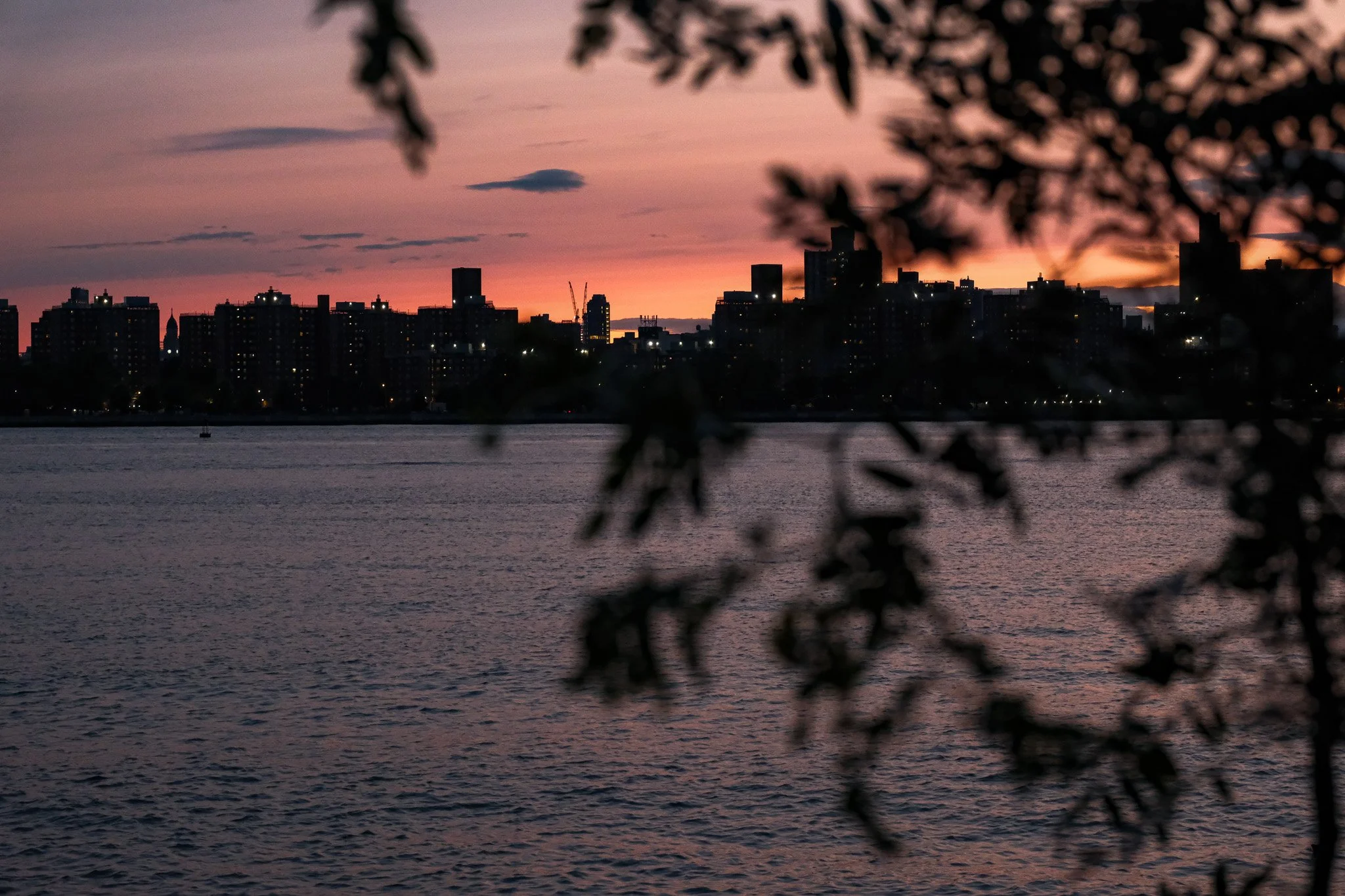 Ein Stadtbild bei Sonnenuntergang mit silhouettes von Gebäuden und Bäumen im Vordergrund über einem Wasser.